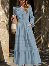 V-neck pleated waist tiered long-sleeved dress