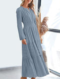 V-neck pleated waist tiered long-sleeved dress