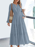 V-neck pleated waist tiered long-sleeved dress