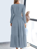 V-neck pleated waist tiered long-sleeved dress