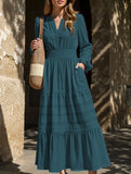 V-neck pleated waist tiered long-sleeved dress