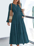 V-neck pleated waist tiered long-sleeved dress
