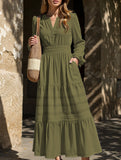 V-neck pleated waist tiered long-sleeved dress