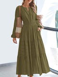 V-neck pleated waist tiered long-sleeved dress