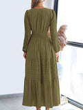 V-neck pleated waist tiered long-sleeved dress