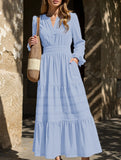 V-neck pleated waist tiered long-sleeved dress