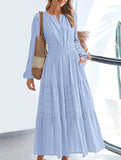 V-neck pleated waist tiered long-sleeved dress