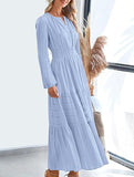 V-neck pleated waist tiered long-sleeved dress