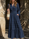 V-neck pleated waist tiered long-sleeved dress