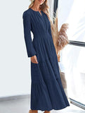 V-neck pleated waist tiered long-sleeved dress