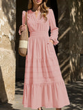 V-neck pleated waist tiered long-sleeved dress