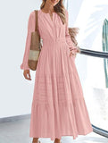 V-neck pleated waist tiered long-sleeved dress