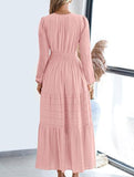 V-neck pleated waist tiered long-sleeved dress