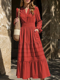 V-neck pleated waist tiered long-sleeved dress