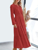 V-neck pleated waist tiered long-sleeved dress