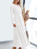 V-neck pleated waist tiered long-sleeved dress