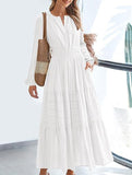 V-neck pleated waist tiered long-sleeved dress