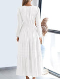 V-neck pleated waist tiered long-sleeved dress