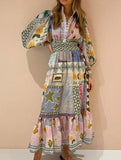 Printed painted long-sleeved swing dress
