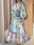 Printed painted long-sleeved swing dress