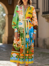 Printed lantern-sleeve belted shirt