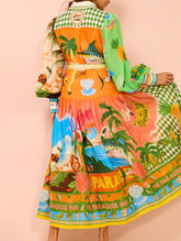 Printed lantern-sleeve belted shirt