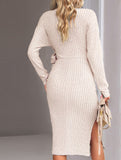 Slim-fit V-neck long-sleeved knitted tie-up dress