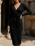 Slim-fit V-neck long-sleeved knitted tie-up dress