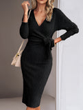 Slim-fit V-neck long-sleeved knitted tie-up dress
