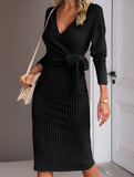 Slim-fit V-neck long-sleeved knitted tie-up dress