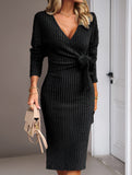 Slim-fit V-neck long-sleeved knitted tie-up dress