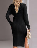 Slim-fit V-neck long-sleeved knitted tie-up dress