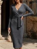 Slim-fit V-neck long-sleeved knitted tie-up dress