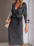 Slim-fit V-neck long-sleeved knitted tie-up dress