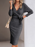 Slim-fit V-neck long-sleeved knitted tie-up dress