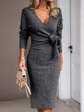 Slim-fit V-neck long-sleeved knitted tie-up dress