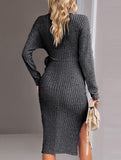 Slim-fit V-neck long-sleeved knitted tie-up dress