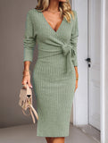 Slim-fit V-neck long-sleeved knitted tie-up dress
