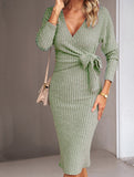 Slim-fit V-neck long-sleeved knitted tie-up dress