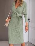 Slim-fit V-neck long-sleeved knitted tie-up dress