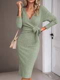 Slim-fit V-neck long-sleeved knitted tie-up dress