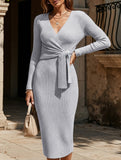 Slim-fit V-neck long-sleeved knitted tie-up dress