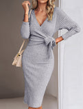 Slim-fit V-neck long-sleeved knitted tie-up dress