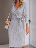 Slim-fit V-neck long-sleeved knitted tie-up dress