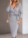 Slim-fit V-neck long-sleeved knitted tie-up dress
