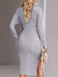Slim-fit V-neck long-sleeved knitted tie-up dress