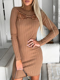 Hollow-out ribbed high-neck long-sleeved dress