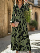 Leaf Print V-Neck Long Sleeve High Waist Dress