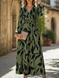 Leaf Print V-Neck Long Sleeve High Waist Dress