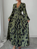 Leaf Print V-Neck Long Sleeve High Waist Dress